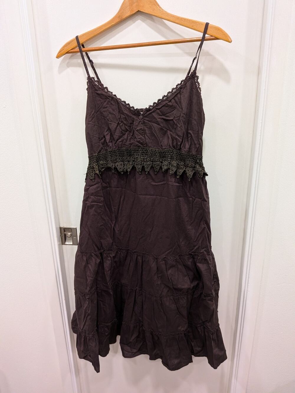 Vintage 24 Karat Brown Tiered Midi Dress XL Crochet Lace Smocked Fairycore Lined